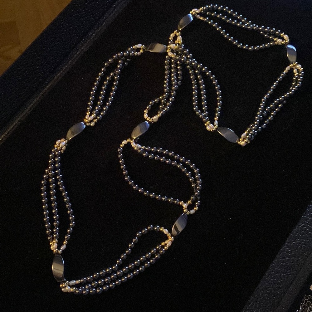 Malachite Freshwater Pearl Gold Triple Strand
